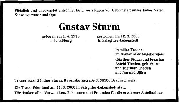 Sturm Gustav 1910-2000 Todesanzeige